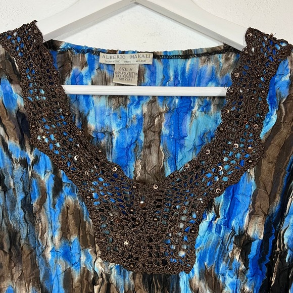VTG Y2K Alberto Makali Abstract Crinkle Top Crochet Sequin V-Neck Size M Whimsy - Picture 2 of 8